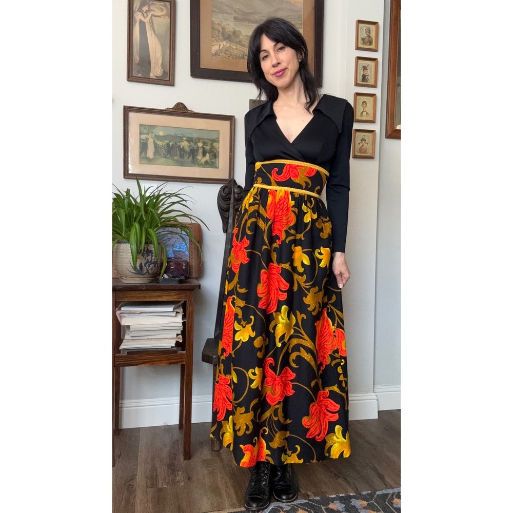 Vintage 60s 70s Julie Miller California Maxi Dress Black Floral Gold psychedelic